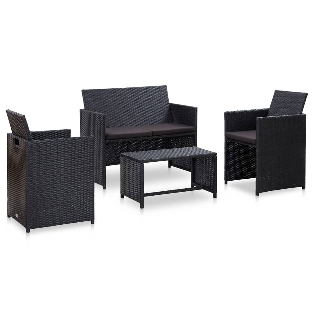 4 Piece Patio Lounge Set with Cushions Poly Rattan Black