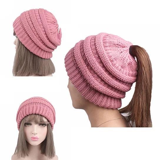 Color: B-PINK - Pony Beanie Super Cute Cable Knit Hat
