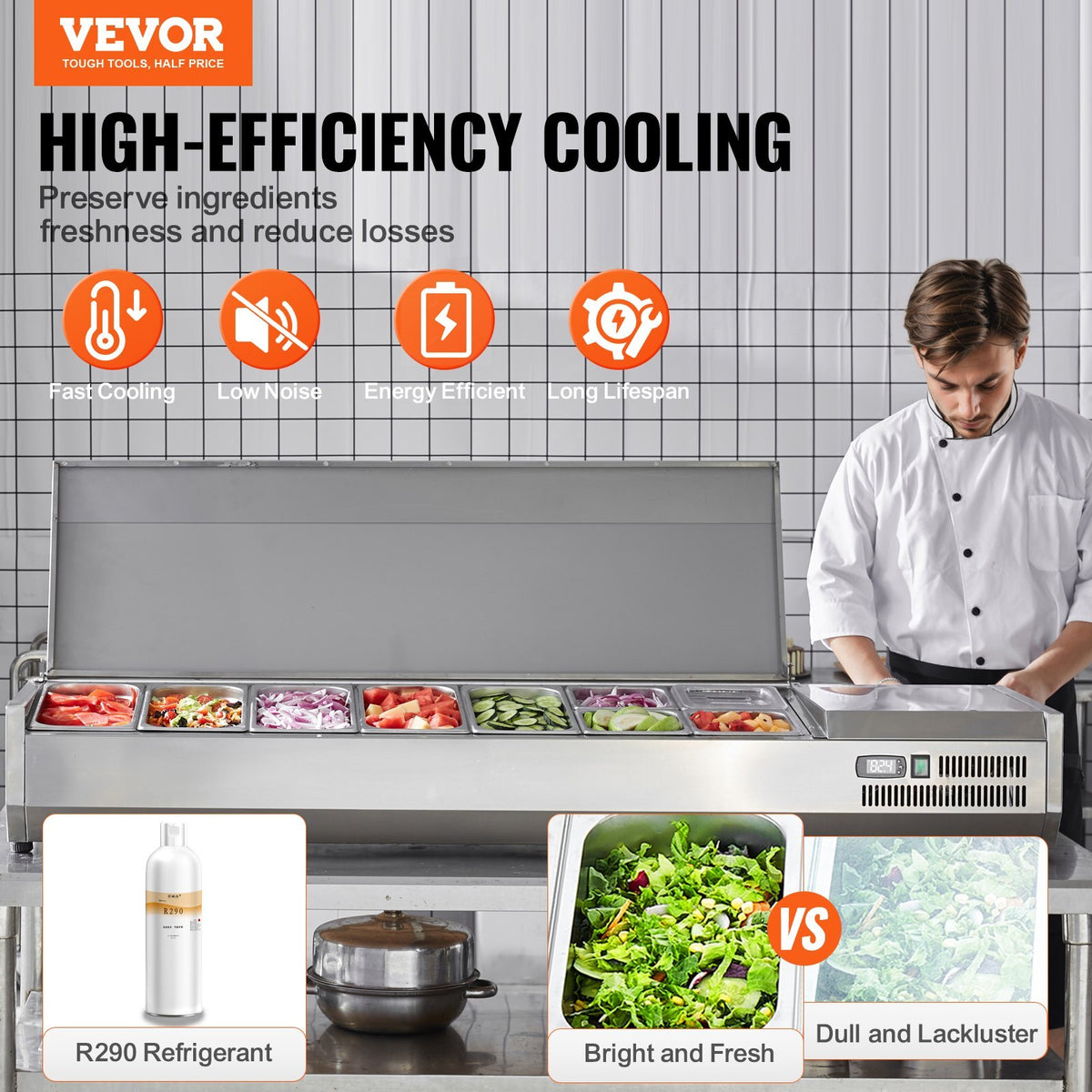 Refrigerated Condiment Prep Station, 160 W Countertop Refrigerated Condiment Station, with 5 1/3 Pans & 4 1/6 Pans, 304 Stainless Body and PC Lid, Sandwich Prep Table with Stainless Guard, ETL