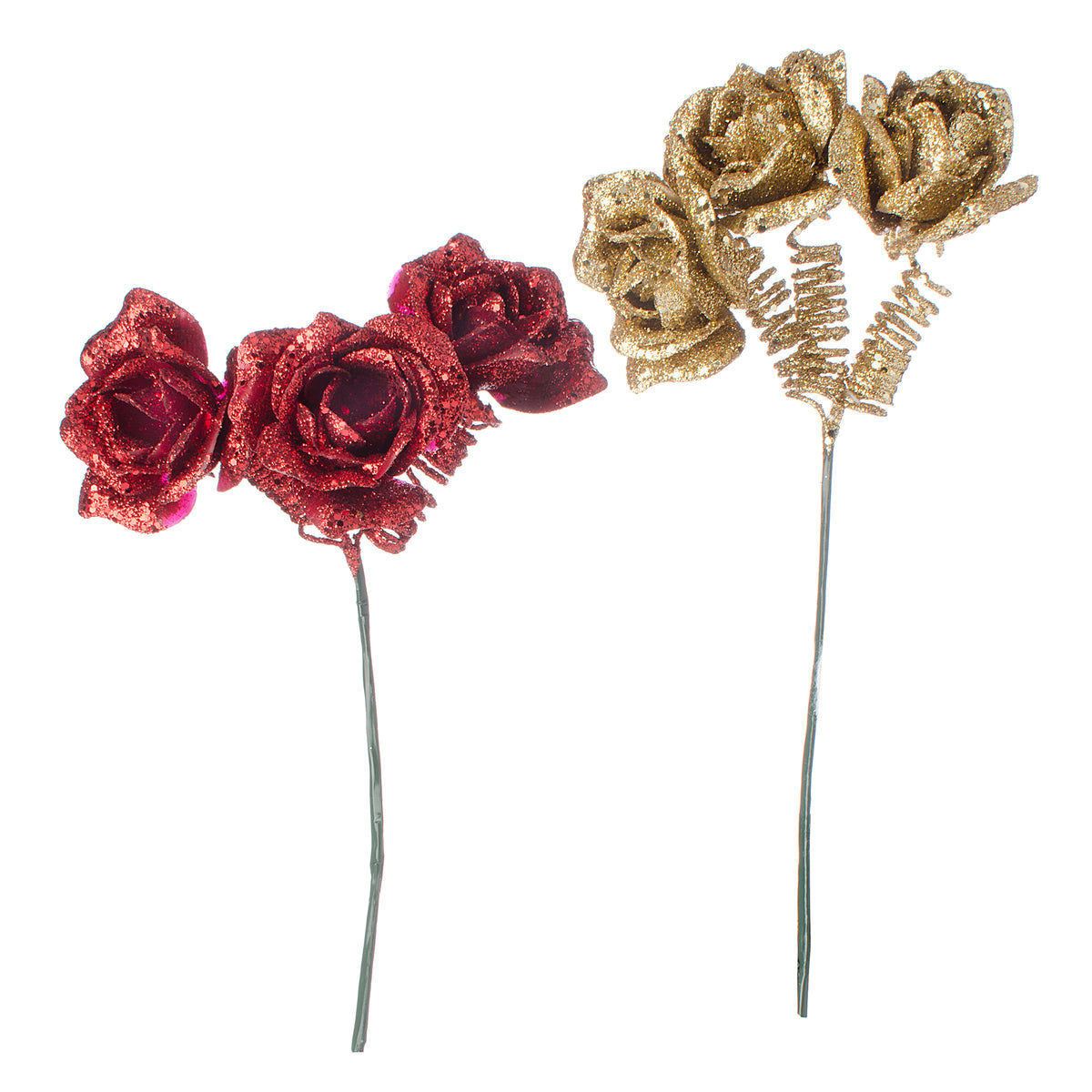 Christmas Floral Artificial Flowers Assorted Roses Glitter 8.5 Inches