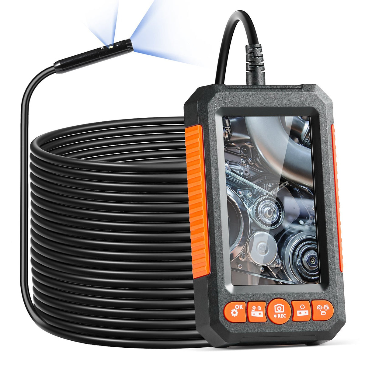 Endoscope Camera with Light, Dual Lens Borescope with 49.2FT Semi-Rigid Cable, 4.3" Screen 1080P Inspection Camera, 8 + 1 LED Lights, 4X Zoom, IP67 Waterproof Snake Camera for Auto, Plumbing