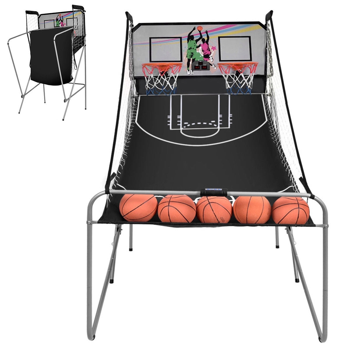 Foldable Double Electronic Basketball Game with 4 Balls Indoor-Gray - Color: Gray