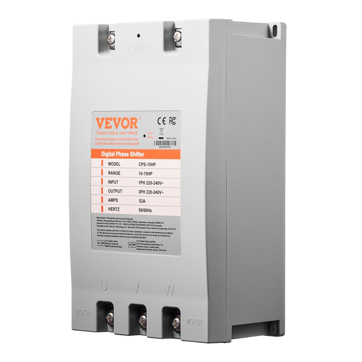 3 Phase Converter - 15HP 53A 220V Single Phase to 3 Phase Converter, 220V Input/Output, Digital Phase Shifter for Residential & Light Commercial Use (One Converter for One Motor Only)