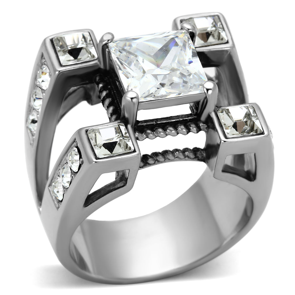 TK1072 - High polished (no plating) Stainless Steel Ring with AAA Grade CZ in Clear