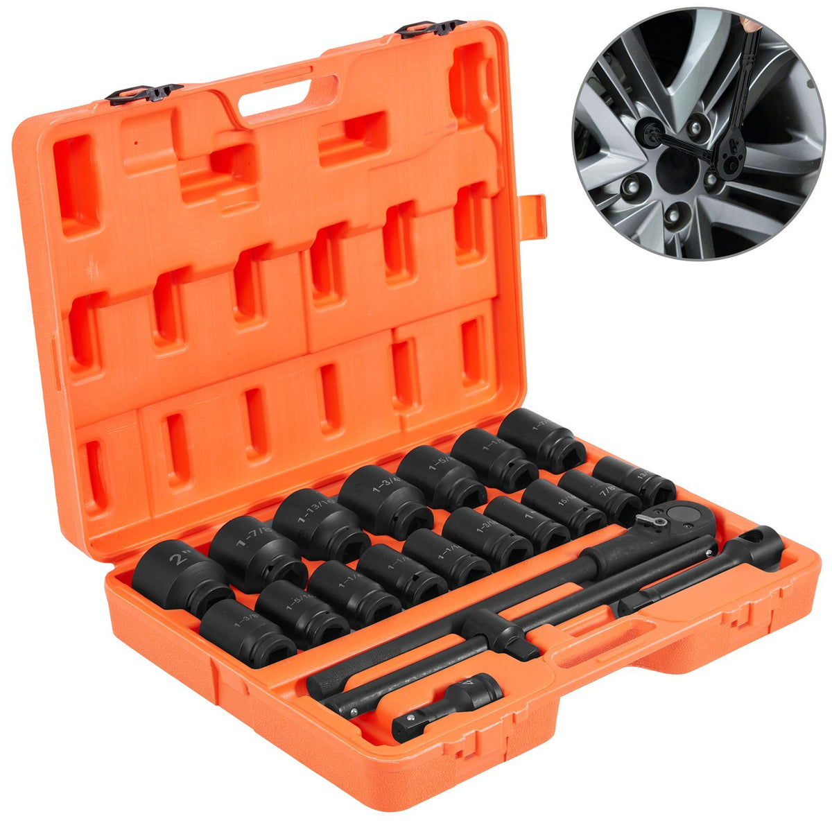 Impact Socket Set 3/4 Inches 22 Piece Deep Impact Sockets, Socket Assortment 3/4 Inches Drive Socket Set Impact Standard SAE Sizes 7/8 Inches to 2 Inches Includes Adapters and Ratchet Handle