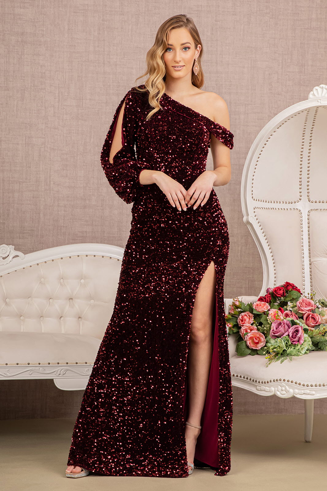 Sequin Asymmetric Velvet Festive Mermaid Gown w/ One Long Puff Sleeve GLGL3159