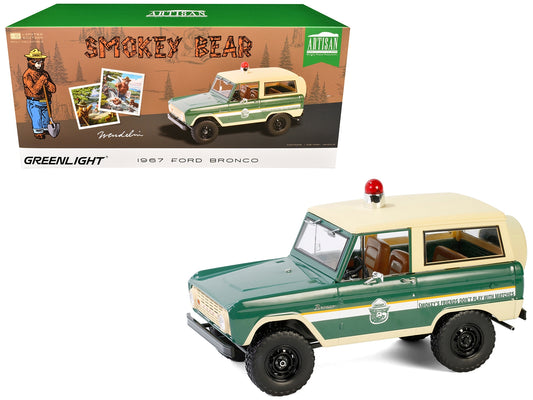 1967 Ford Bronco "Smokey Bear Forest Ranger" Green and Cream with White Stripes "Artisan Collection" 1/18 Diecast Model Car by Greenlight