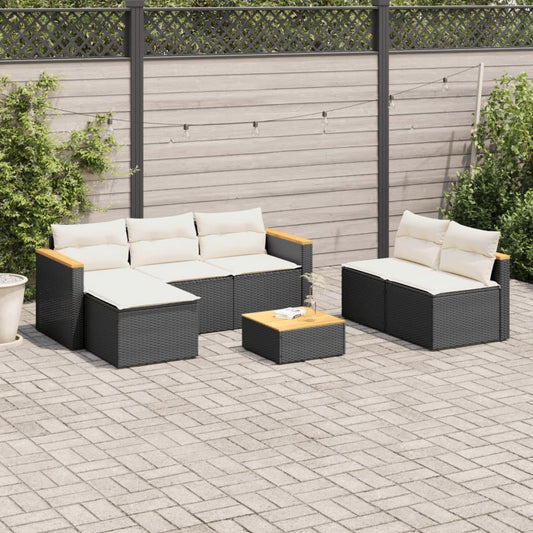 5 Piece Patio Sofa Set with Cushions Black Poly Rattan Acacia