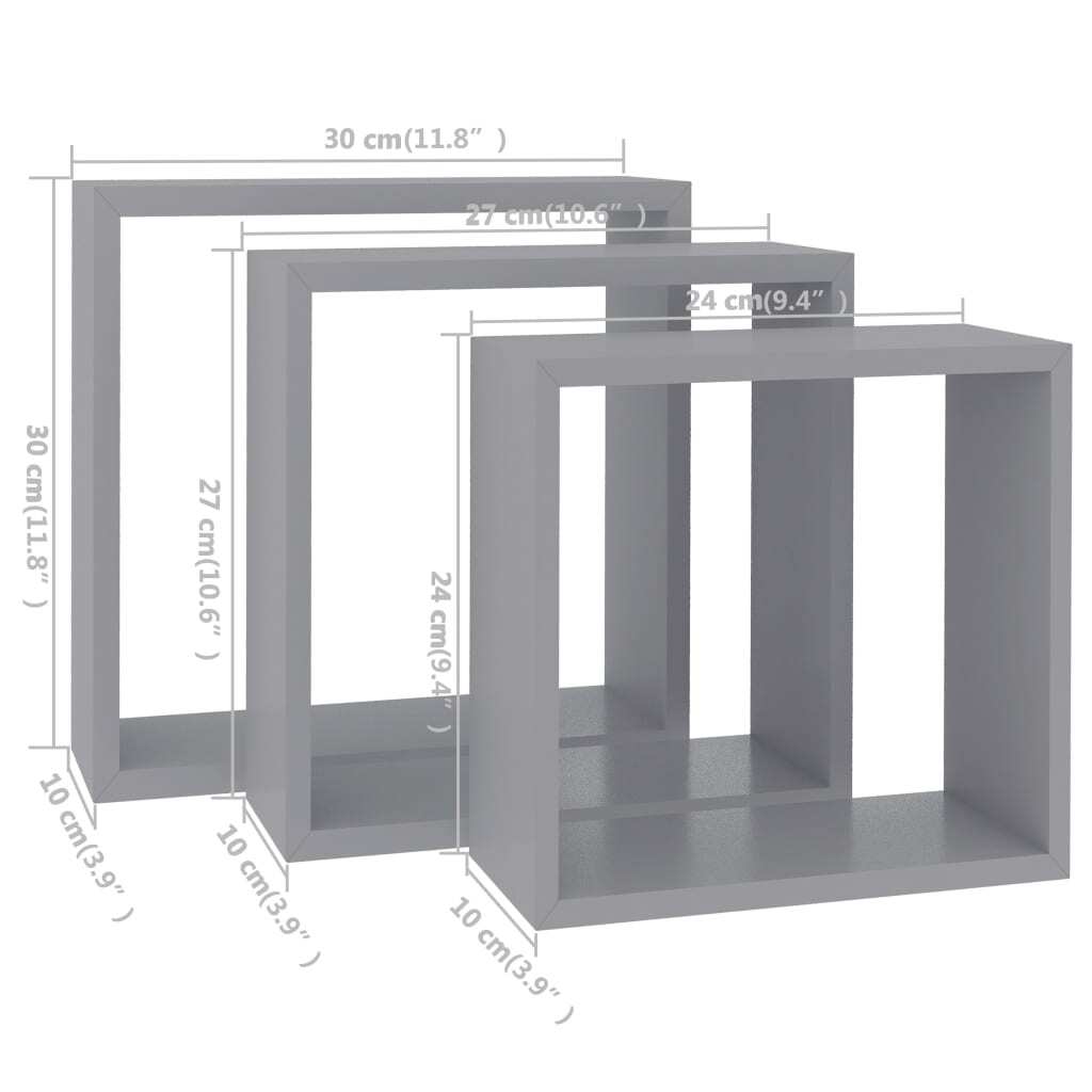 Wall Cube Shelves 3 pcs Gray MDF