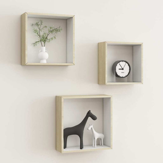 Wall Cube Shelves 3 pcs White and Sonoma Oak
