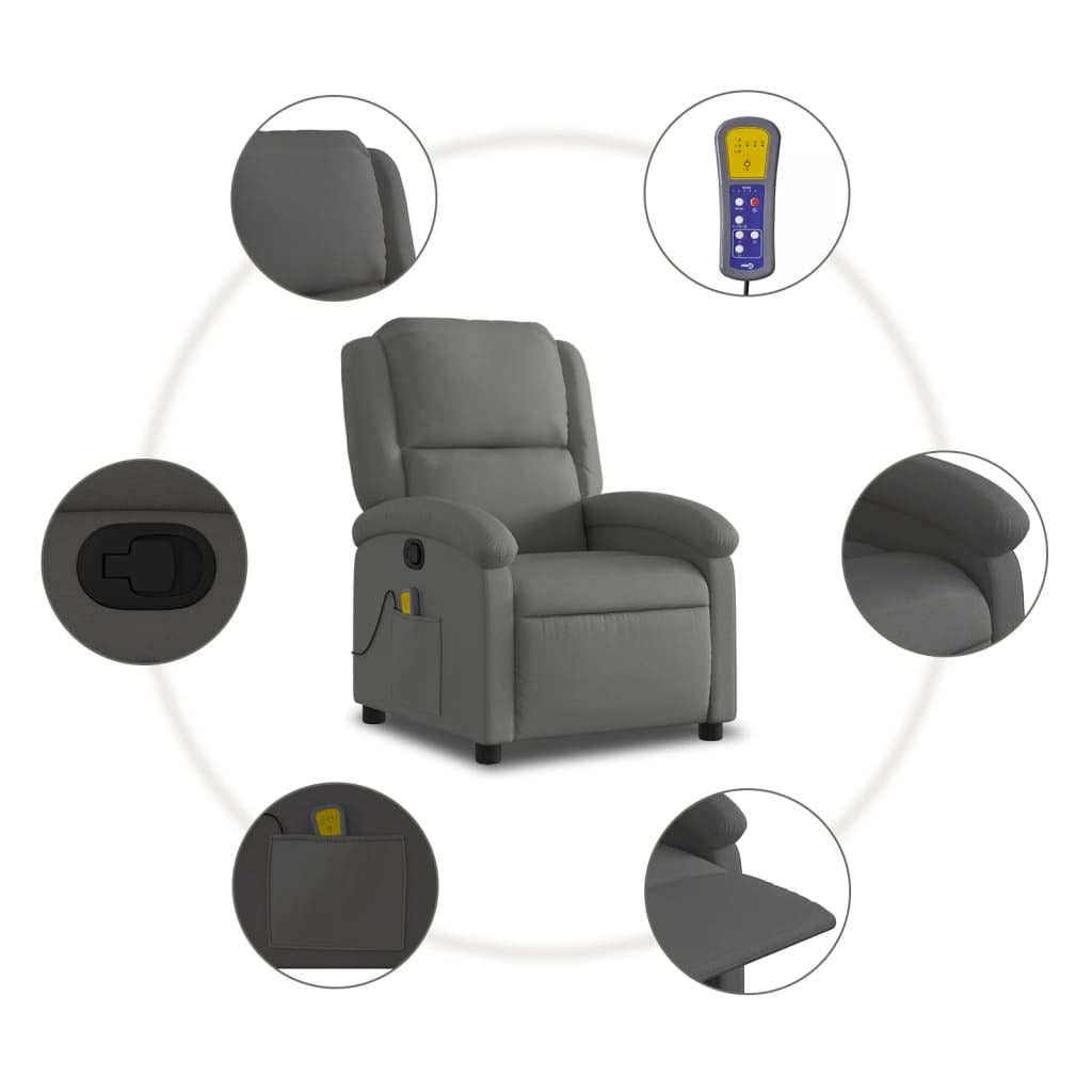 Massage Recliner Chair Gray Real Leather