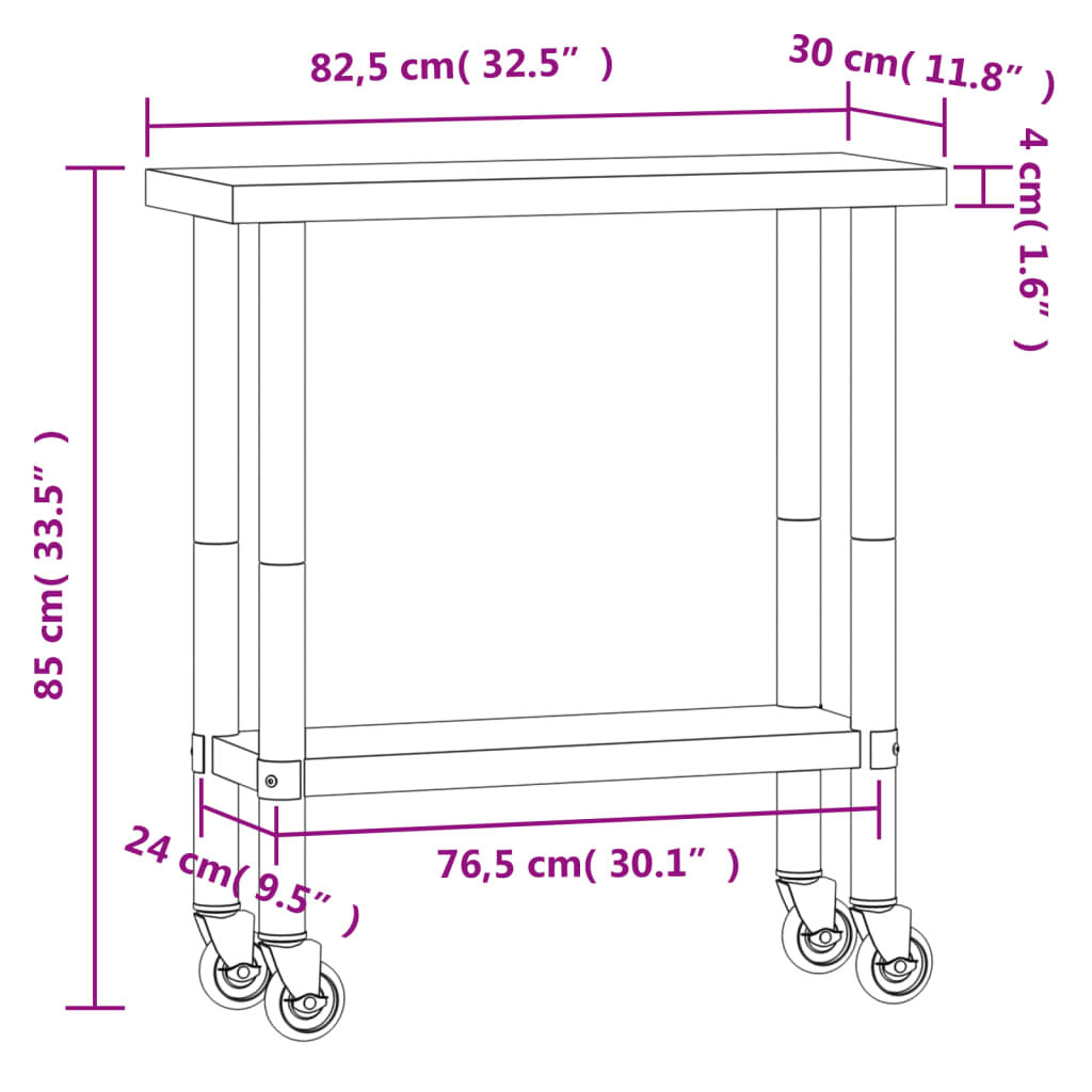 Kitchen Work Table with Wheels 32.5"x11.8"x33.5" Stainless Steel
