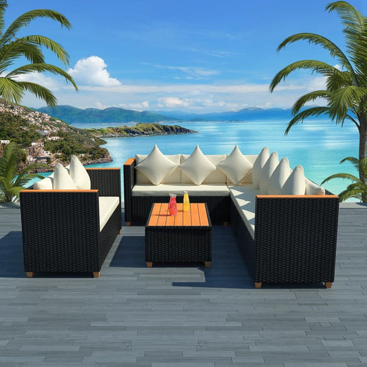 5 Piece Patio Lounge Set with Cushions Poly Rattan Black