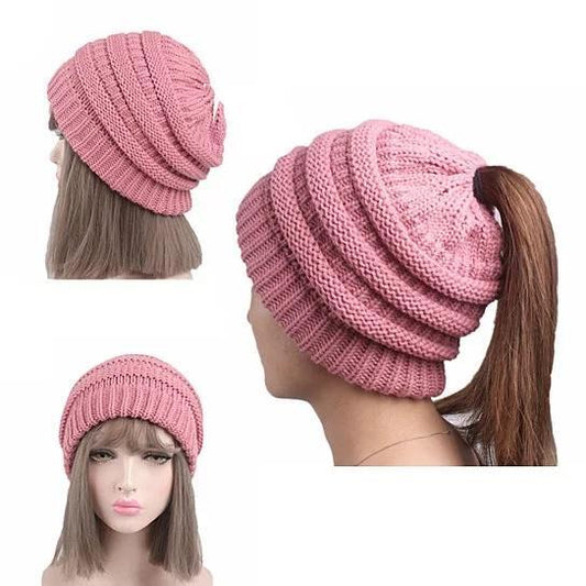 Color: B-PINK - Pony Beanie Super Cute Cable Knit Hat