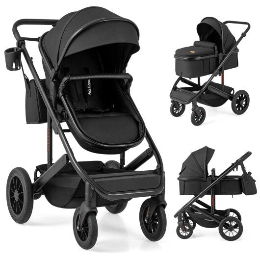3-in-1 Folding Convertible Newborn Stroller with Detachable Bassinet-Black - Color: Black