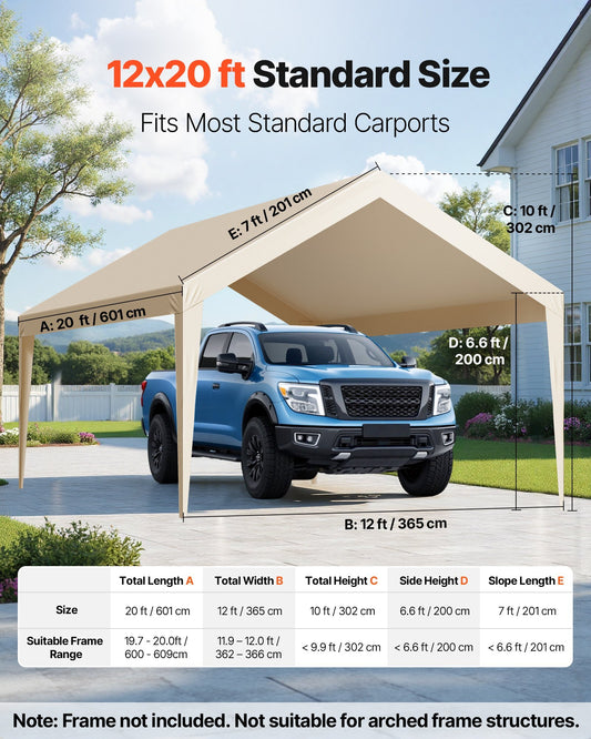 Carport Replacement Canopy, 12 x 20 ft Potable Garage Tent Top Tarp, UV-Resistant & Waterproof Car Shelter Tarp, Heavy Duty Car Port Cover with Ball Buggees, Beige, Frame Not Included