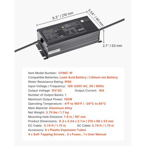 Marine Battery Charger, 1-Bank, 10A 12V Onboard Boat Charger, IP68 Waterproof Smart On-Board Battery Charger, for Lithium-Ion (LiFePO4), NCM, Lead-Acid Batteries, Large Boat, Yacht, RV, Trailer