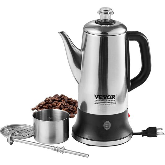 12-Cup Electric Percolator Coffee Pot, 304 Stainless Steel Coffee Percolator with Keep Warm Function & Heat-Resistant Handle, Classic Coffee Maker, Quick Brew & Easy-Pour Spout, Silver