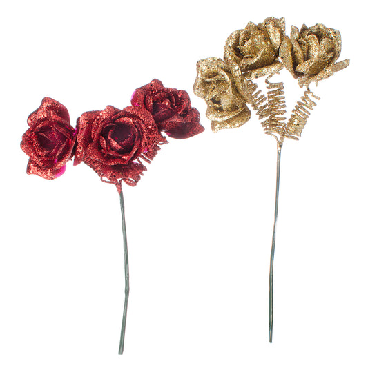 Christmas Floral Artificial Flowers Assorted Roses Glitter 8.5 Inches