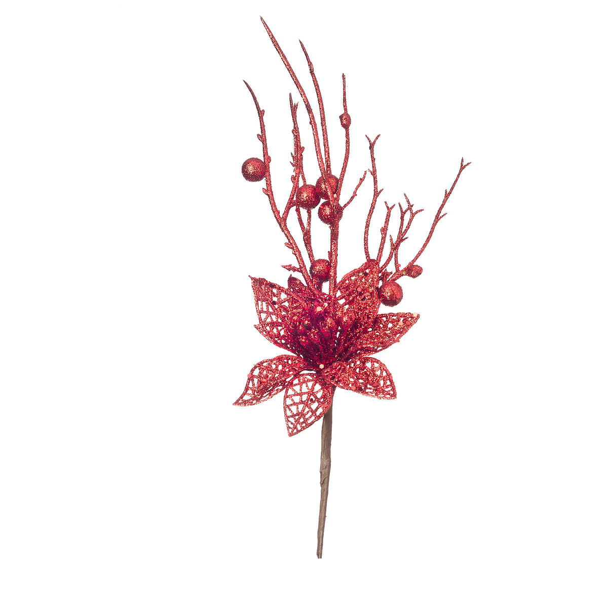 Red Glitter Poinsettia Pick 2.75 To 4 X 13.8 Inches