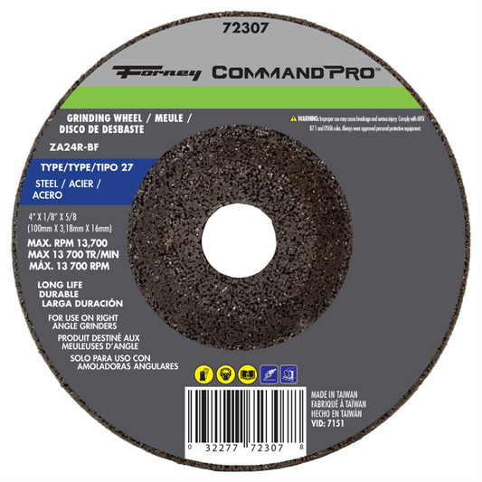 Forney Industries Grinding Wheel, Metal, Type 27, 4 in x 1/4 in x 5/8 in