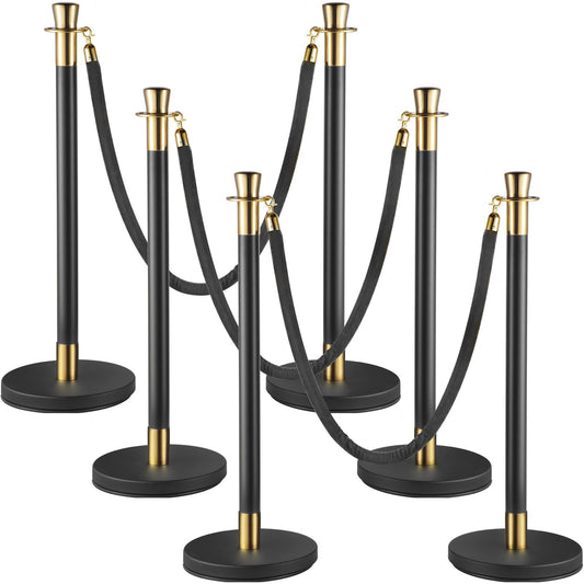 Crowd Control Stanchion, Set of 6 Pieces Stanchion Set, Stanchion Set with 5 ft/1.5 m Black Velvet Rope, Black Crowd Control Barrier with Sturdy Concrete and Metal Base ? Easy Connect Assembly