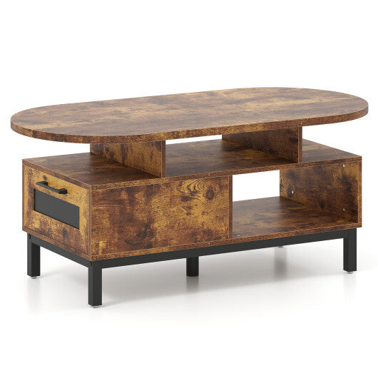 47 Inch Oval Coffee Table with Storage and Open Compartments for Living Room-Rustic Brown