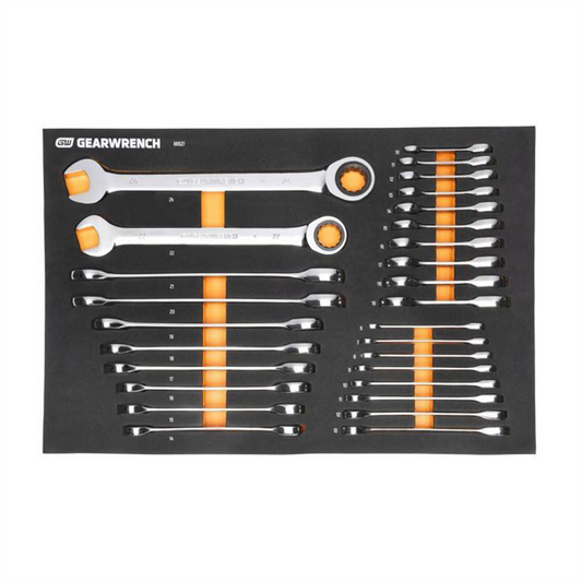 GearWrench 28 Piece 72-Tooth 12 Point Metric Standard & Stubby Combination Ratcheting Wrench Set with Foam Storage Tray