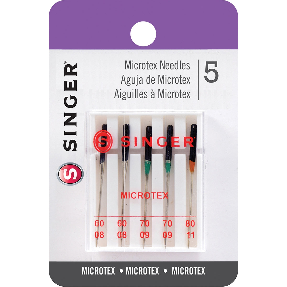 Singer Microtex Machine Needles Assorted Sizes 5 Per Pkg Sizes 60/8, 70/10, 80/11