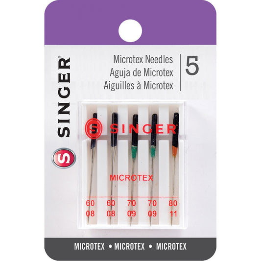 Singer Microtex Machine Needles Assorted Sizes 5 Per Pkg Sizes 60/8, 70/10, 80/11