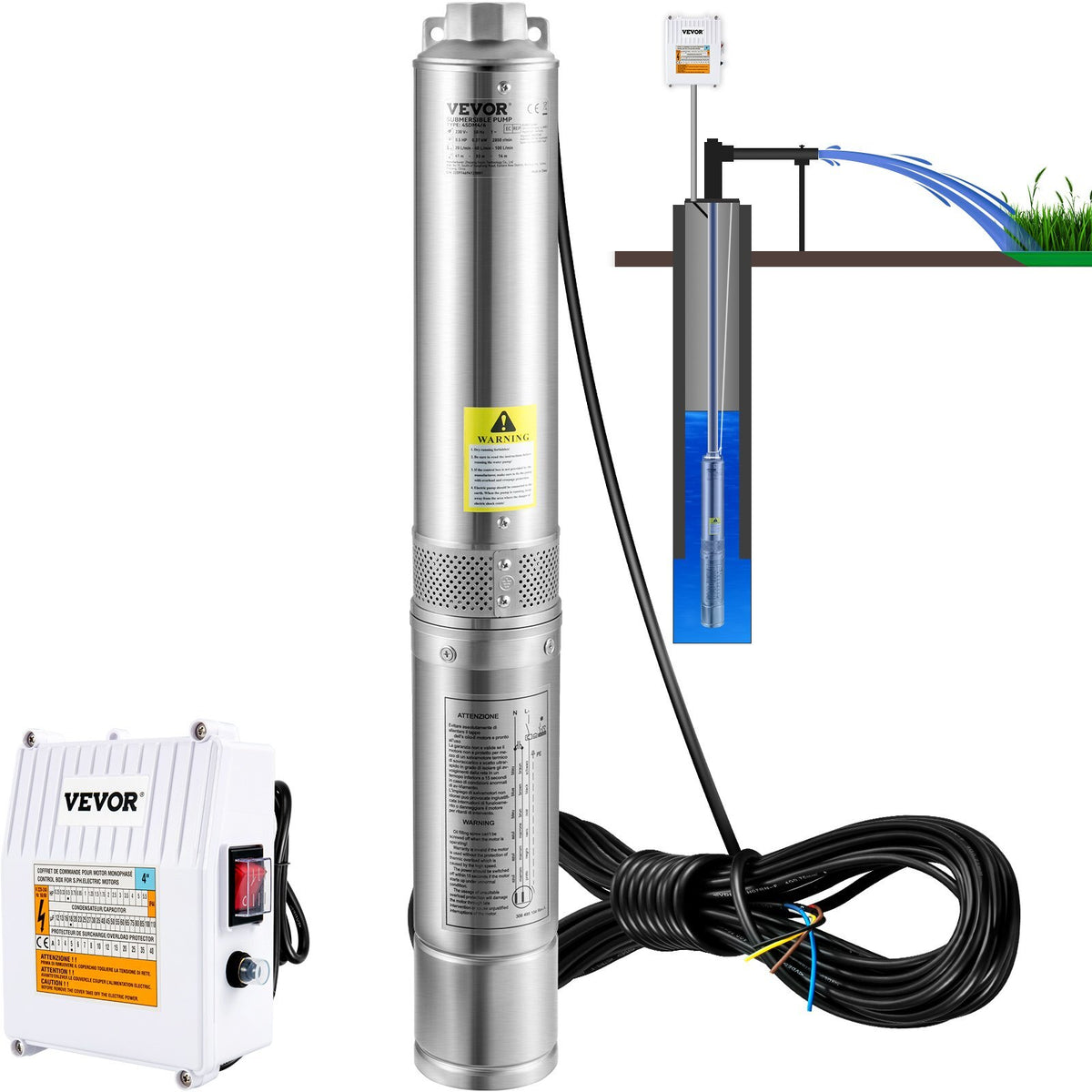 Deep Well Submersible Pump, 2HP 230V/60Hz, 37GPM 427 ft Head, with 33 ft Cord & External Control Box, 4 inch Stainless Steel Water Pumps for Industrial, Irrigation and Home Use, IP68 Waterproof