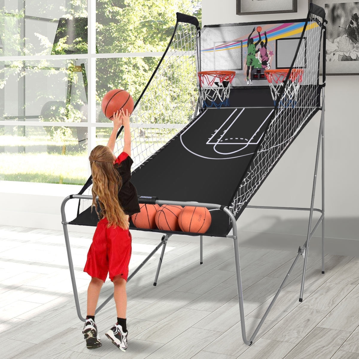 Foldable Double Electronic Basketball Game with 4 Balls Indoor-Gray - Color: Gray