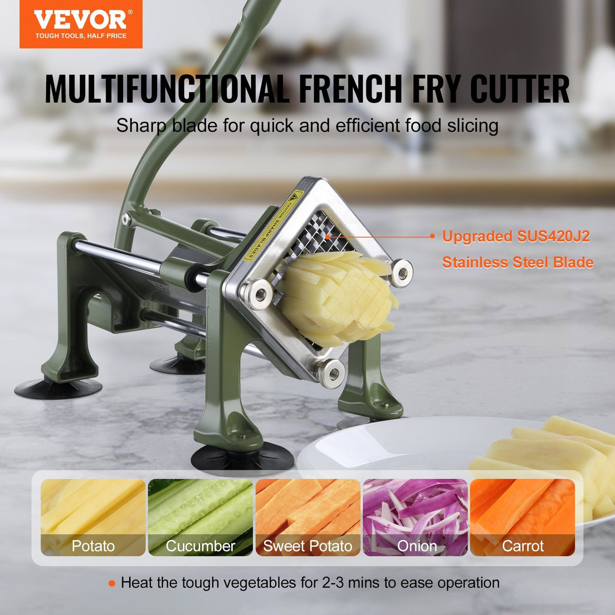French Fry Cutter, Potato Slicer with 1/2-Inch and 3/8-Inch Stainless Steel Blades, Manual Potato Cutter Chopper with Suction Cups, Great for Potato, French Fries, Cucumber, Vegetables, Carrot