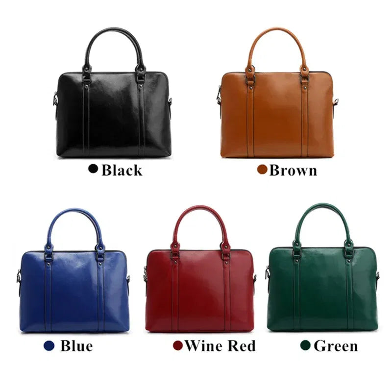Color: Red - Oyixinger New 100% Genuine Leather Briefcase For Woman 14 inch Laptop Bag Women's Handbags Office Ladies Shoulder Messenger Bags