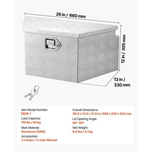 Trailer Tongue Box, 26" x 13" x 12" Aluminum Trailer Tongue Tool Box, Heavy Duty Storage Organizer with Lock and Keys, Utility Tool Chest for Pickup Truck Bed, RV, SUV, Off-Road Vehicle, Silver