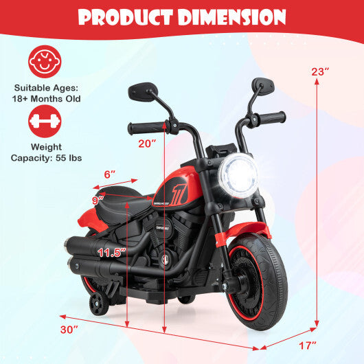 Kids Electric Motorcycle with Training Wheels and LED Headlights-Red - Color: Red